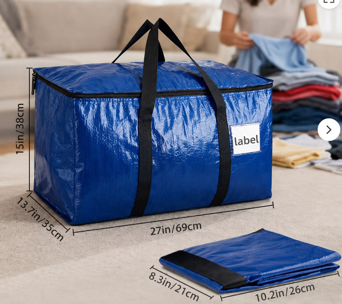 XL Storage & Moving Bag in blue, packed and ready for moving