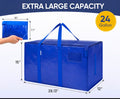 Jumbo blue storage and moving bag showing 29.13 x 15 x 12 inch dimensions and 24 gallon capacity